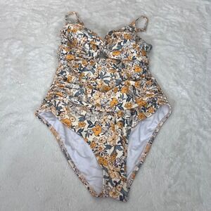 Cupshe Floral One Piece Swimsuit Tummy Control Ruched Yellow Blue Size Large NWT